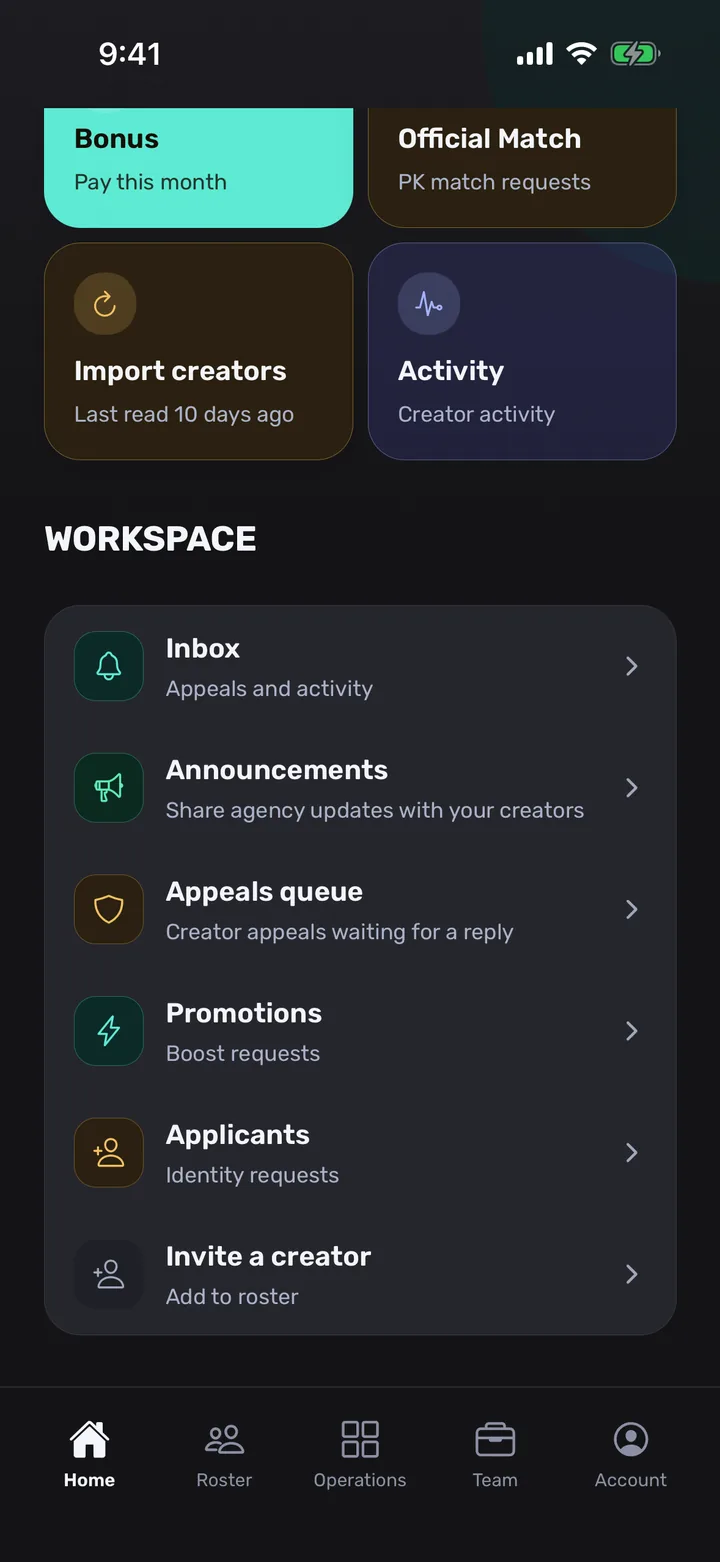 The lower half of the owner's Home: Import creators, Activity, and the workspace list of Inbox, Announcements, Appeals queue, Promotions, Applicants and Invite a creator.
